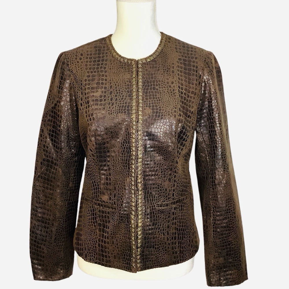 Chicos Blazer Jacket Croc Embossed Reptile Faux Leather Brown Women's 0 S / 4